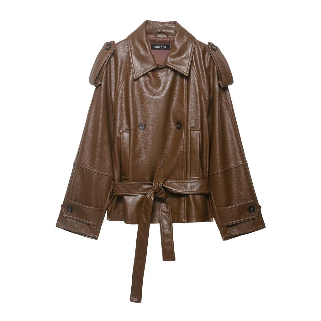 2026 spring new European and American cross-border women's clothing street fashion imitation leather short trench coat w085 3105424