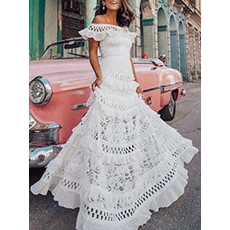 New In Summer Sexy Dress Long Women's Clothing with A Straight Neck Ruffled Edge Hollowed Elegant Party Dresses for Women 2026