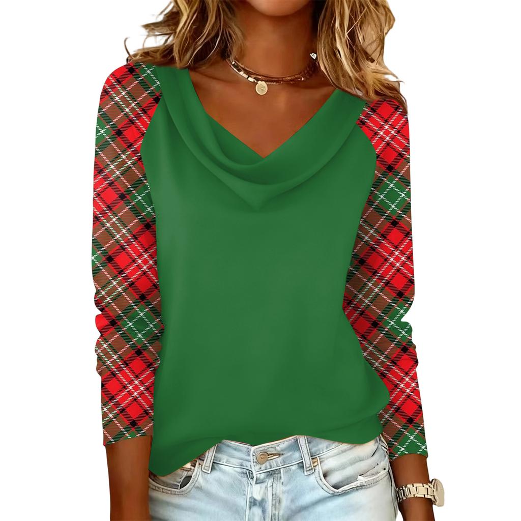 Ladies' Plaid Printed Casual and Fashionable Long Sleeved Pullover Top