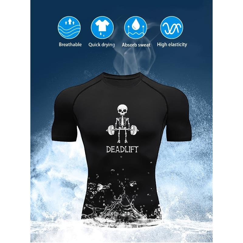 Mens Black Compression Short Sleeve T-Shirt Skeleton Weightlifting Graphic Quick Dry Breathable High Elasticity Gym And MMA Athletic Top