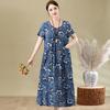 Women's Short Sleeve Maxi Dress Round Neck Loose Waist Casual A-Line Printed Rayon Midi Dress For Elderly Ladies Spring Daily Wear