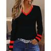 Elegant Women's Long-Sleeve V-Neck T-Shirt – Black and White Contrast Stripes, Breathable, Autumn/Winter Casual Wear, Women's T-Shirt