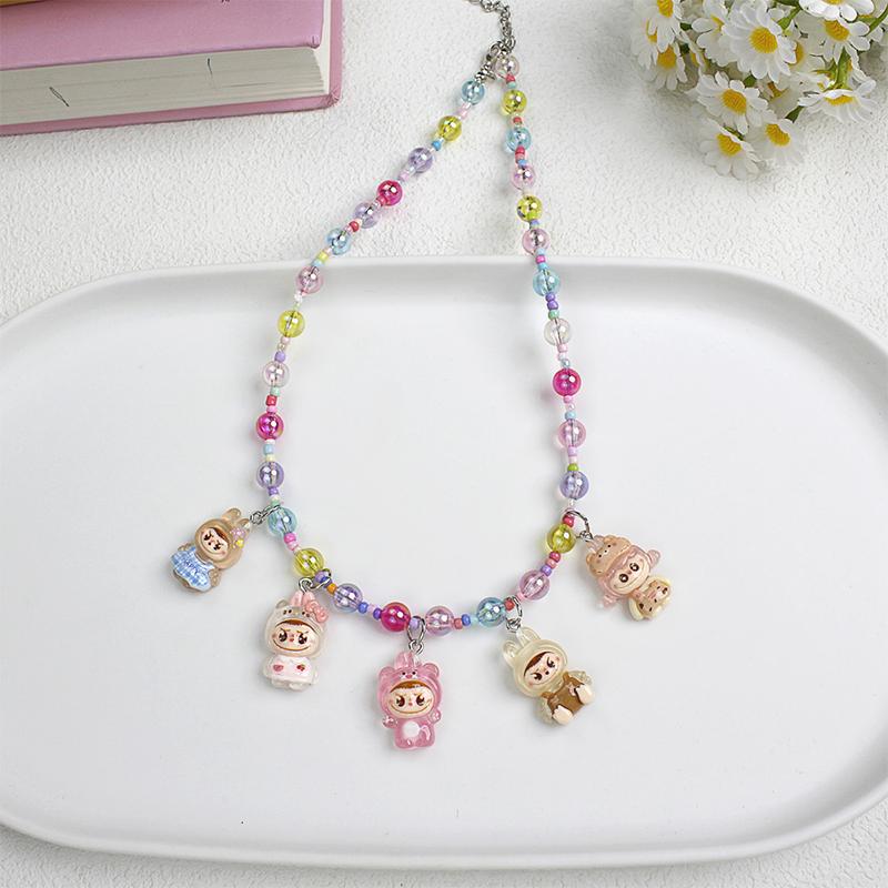 New Korean Version Transparent Resin Colored Bead Pull Cloth Necklace Cute Cartoon Pendant Accessory Chain Necklace