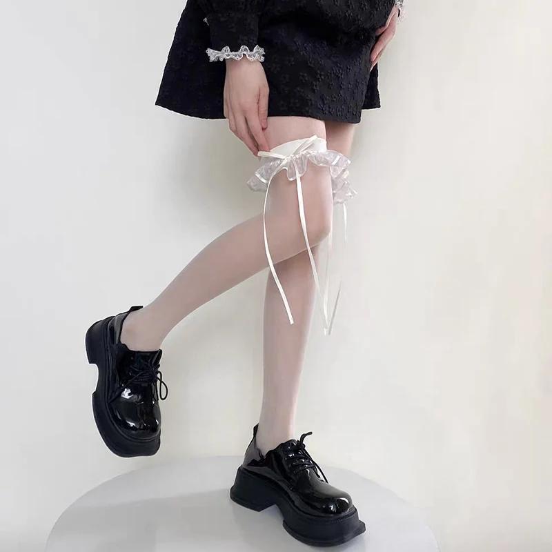 Black White Ruffle Long Socks Women Girls Sweet Ultra-thin Stockings JK Lolita Lace Leggings Over The Knee Bowknot Hosiery