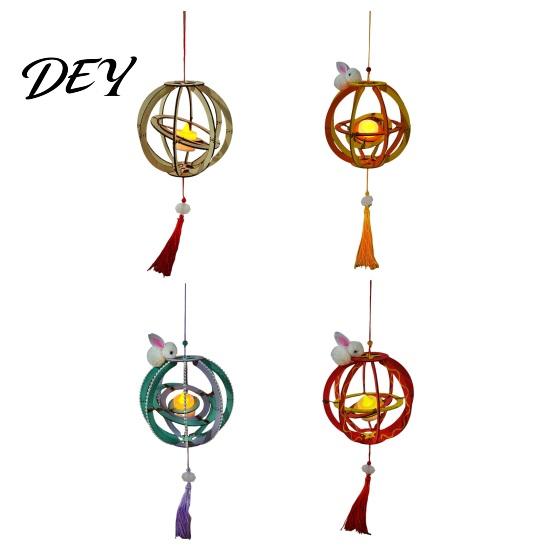 LED Candle Lantern Toy DIY Kit for Mid-Autumn Festival, Hollow Wooden Rotating Ring Making Set with Rabbit, Handmade Tassels