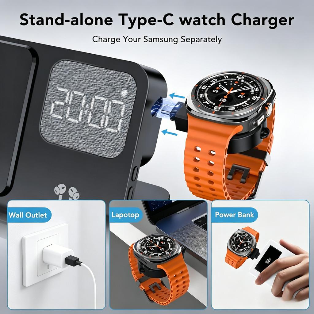 4 In 1 Wireless Charger Alarm Clock Stand For Samsung S26 S25 Galaxy Watch 8 7 6 5 Active 2 Buds4 Pro 3/2 Fast Charging Station