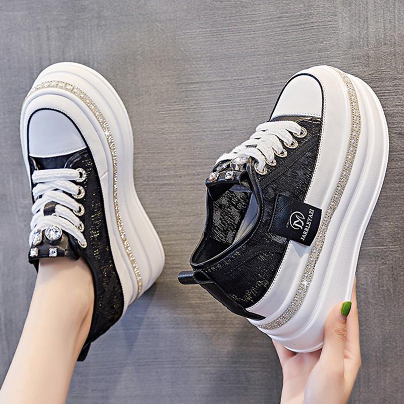 Women 8CM Platform Casual Outdoor Shoes Rhinestone Shine Decoration Sneakers Lace Up Walking Sport Breathable Thick Bottom Shoes