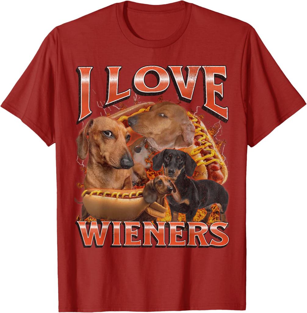I Love Wieners Dachshund Dog Hot Dog Graphic Tee Funny Casual Cotton Short Sleeve T-Shirt Pets Owner Walking Outdoor