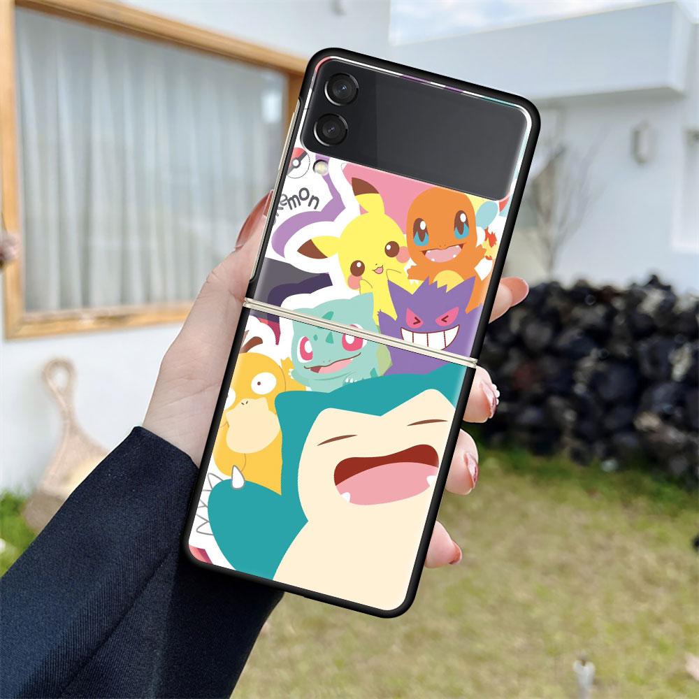 Z Flip 3 Case For Samsung Galaxy Z Flip 3 5G Black Hard Luxury Phone Cover Fall Prevention Fashion PC Shell Cute Pokemon EEvee