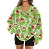 Women's Fashionable V-neck Christmas Printed Long Sleeved Casual Pullover Plush Warm Pocket Sweatshirt Top