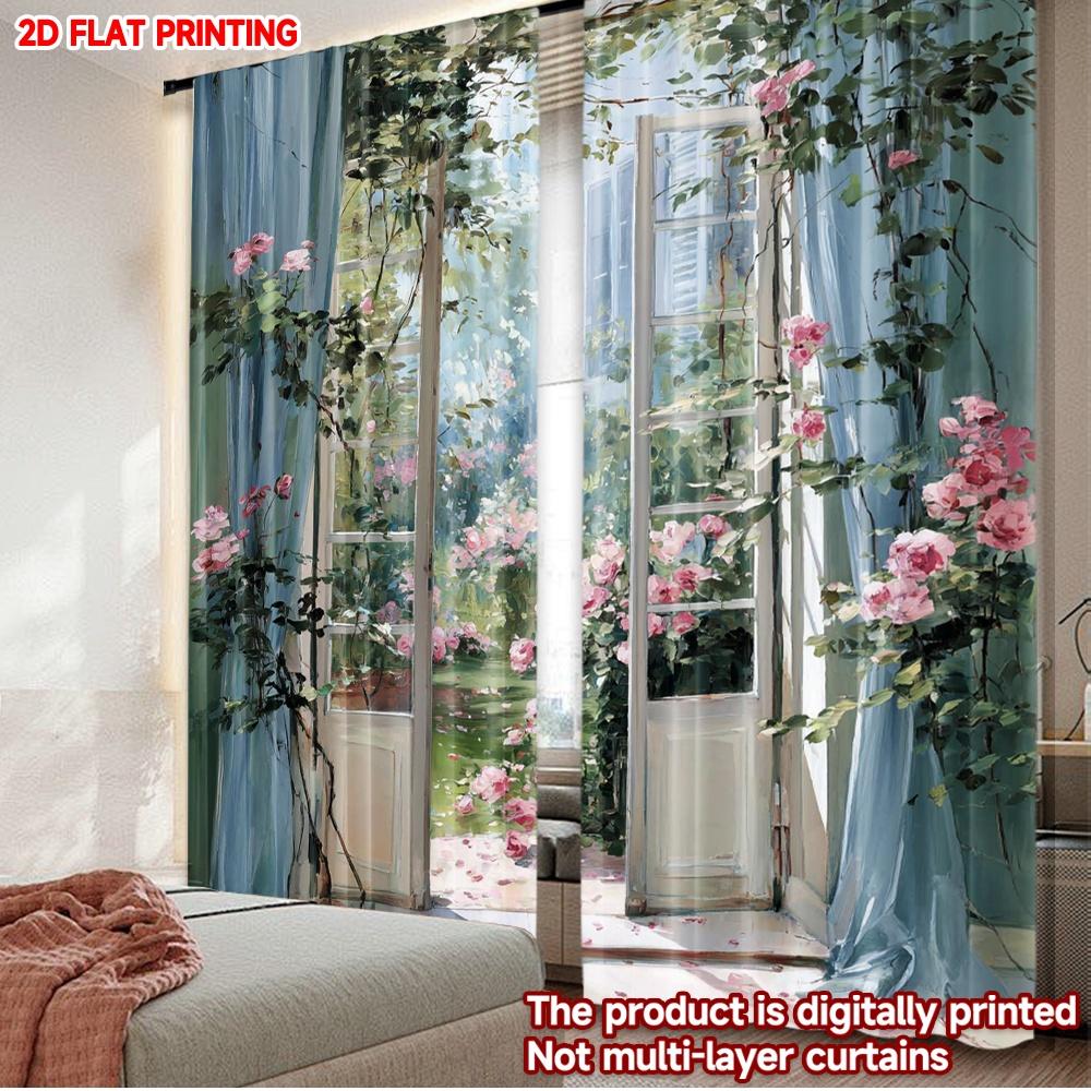 

Pink Floral Vine Curtains Digital Printing Delicate Blossoms Green Leaves Fabric Bedroom Living Room Decor Light Filtering Set Of 2 Made Polyester W100*H70(CM)-Rod Pocket&1PCS