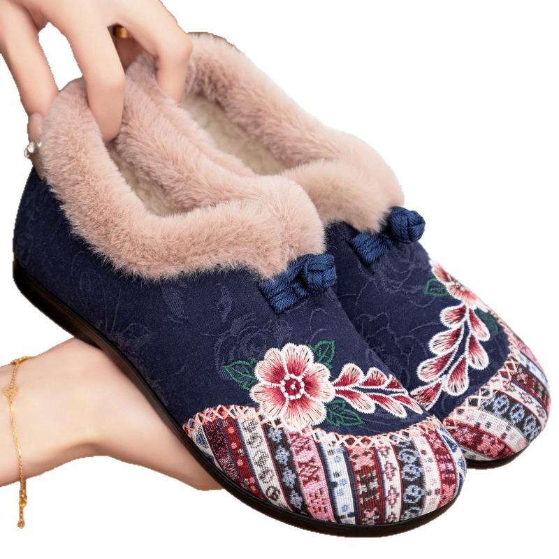Shoes Women's Cotton Shoes Winter Women's Shoes Velvet One-pedal Embroidered Shoes Fluffy Shoes Large Size Cotton Shoes