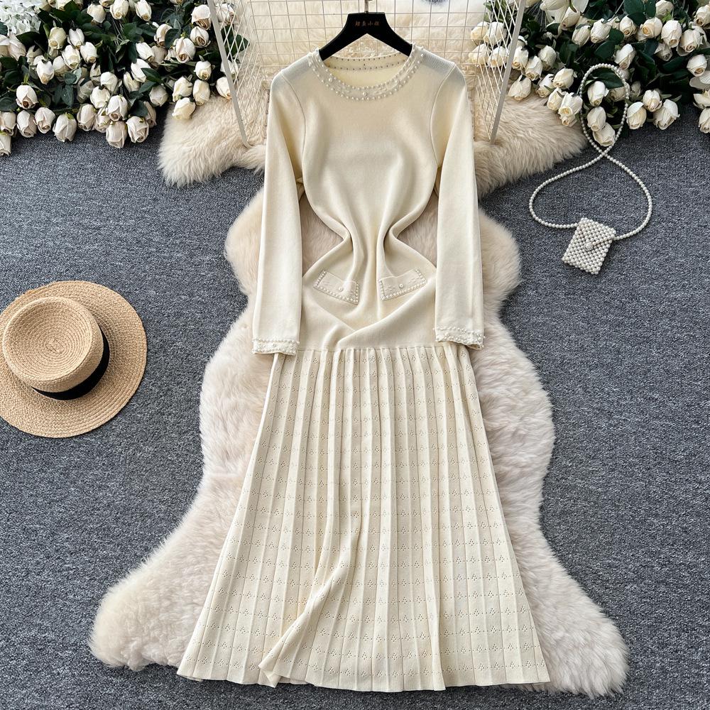2025 Autumn Women s Long Sleeve Knit Dress with Beaded Round Neck Small абрикосовый