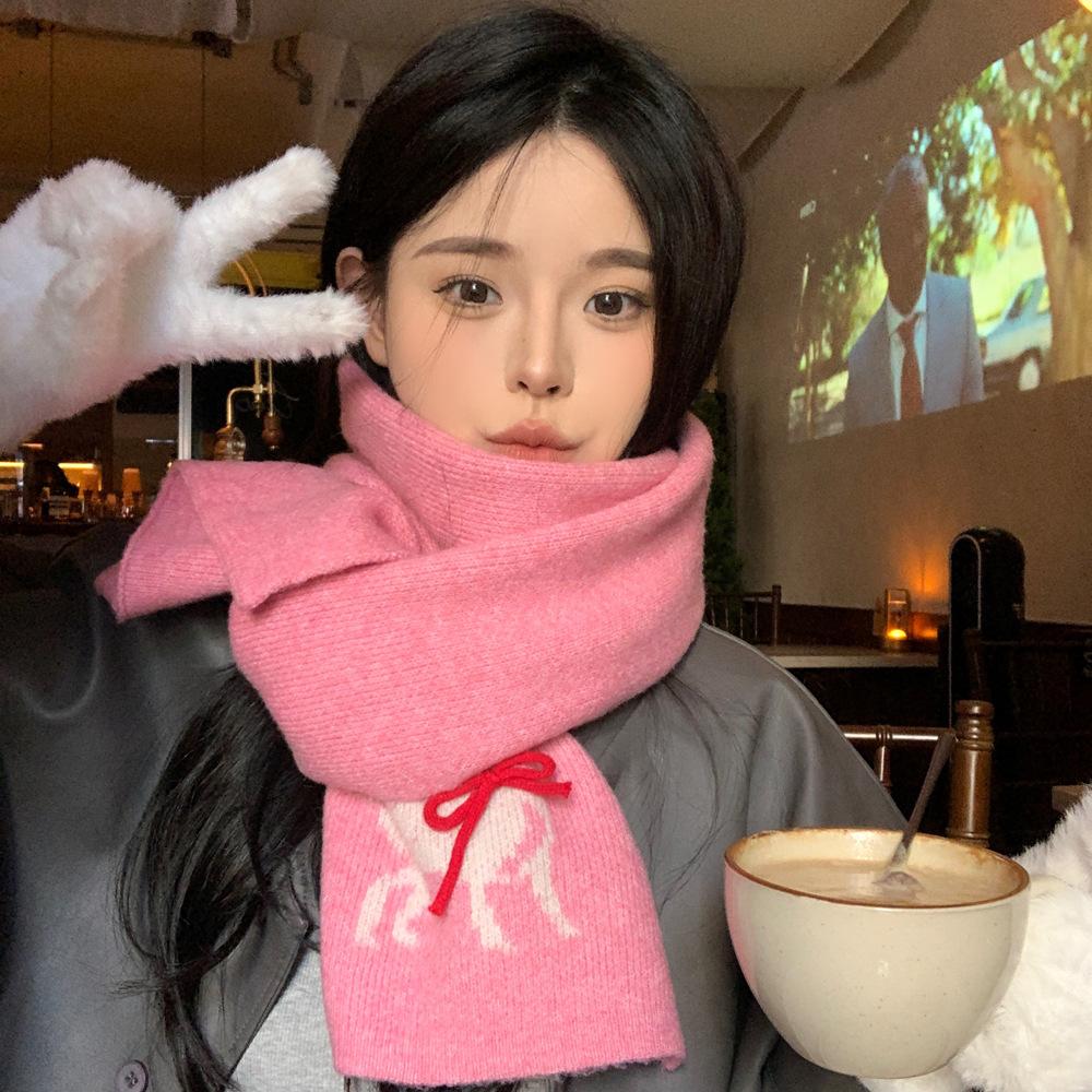 Knitted wool autumn and winter cold-proof versatile warm comfortable neck protection scarf three-dimensional bow jacquard deer scarf
