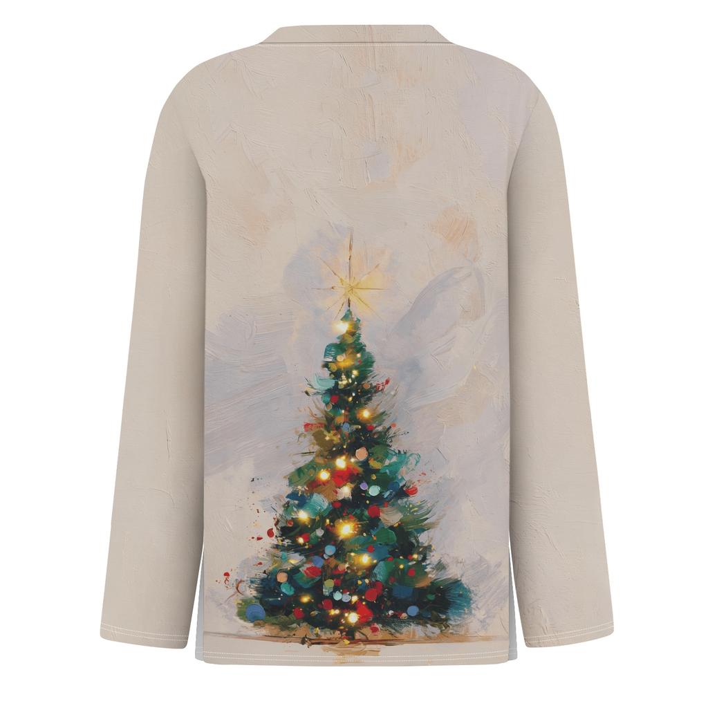 Women's Christmas Print Long Sleeve Neck Top with Side Slit Hem