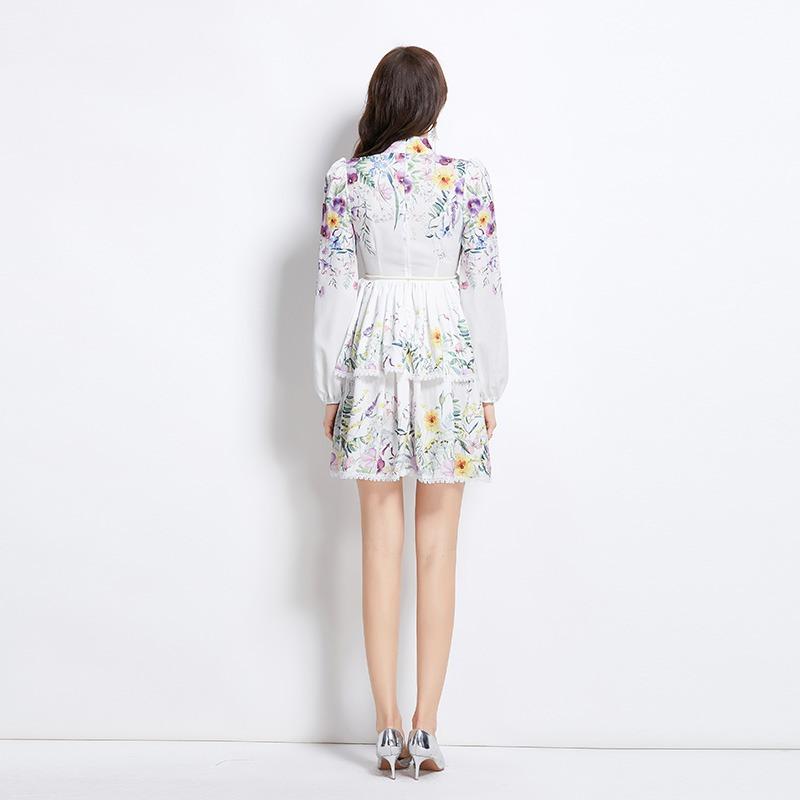 Summer Autumn Women Print Flower Single Breasted Lace Hem Mini Short Wedding Party Dresses with Belt