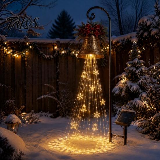 Decorative Lawn Bells for Christmas Solar Bell Waterfall Light, LED Metal Garden Stake with Red Ribbon, Powered Yard Accents Auto On/Off, Waterproof
