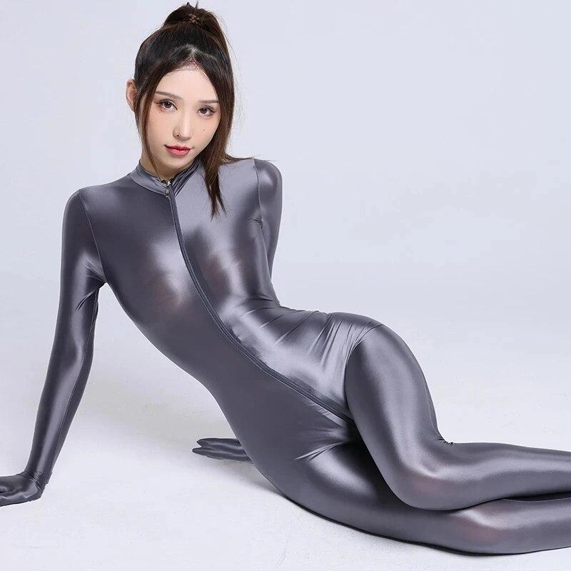 Erotic Jumpsuits Zipper Open Crotch Full Body Satin Oil Glossy Rompers Gloves Tights Shiny Sexy Bodysuit Women Club Party