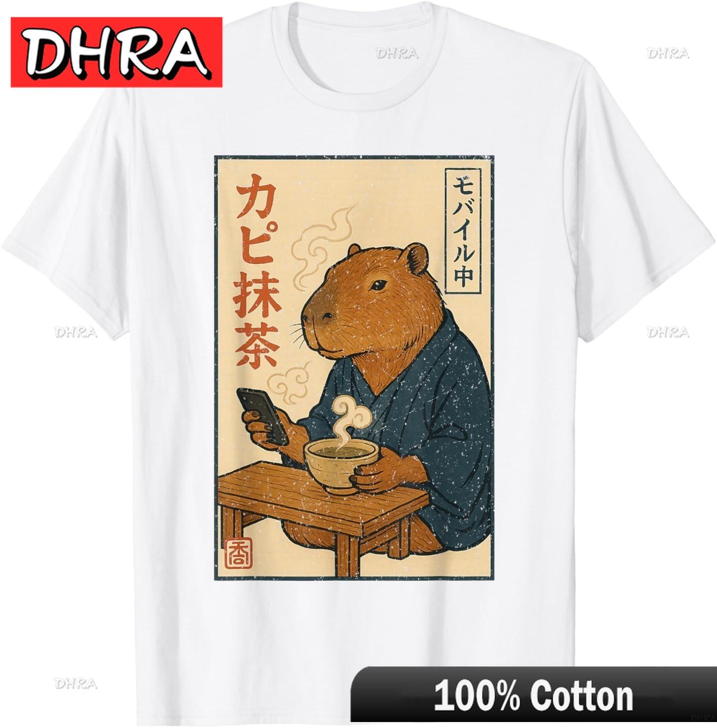 

Funny Capybara Drinking Tea and Scroll Phone Japanese Art TShirt Trendy Funny Punk Tops Shirts for Gym Shirts Women Customized 4XL