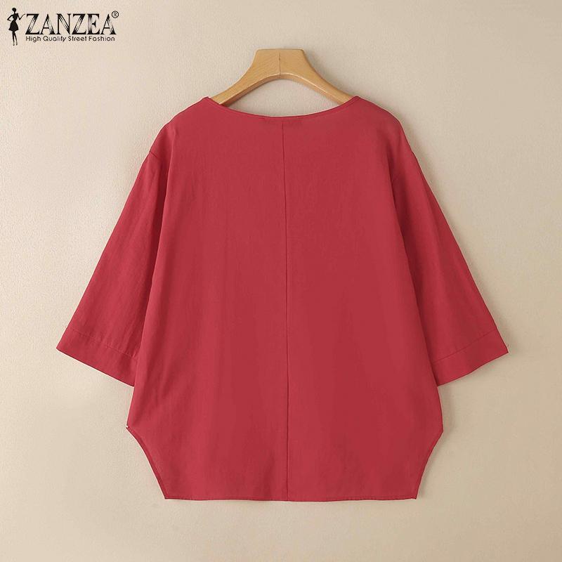 ZANZEA Women Casual Round Neck Loose 3/4 Sleeve Blouse