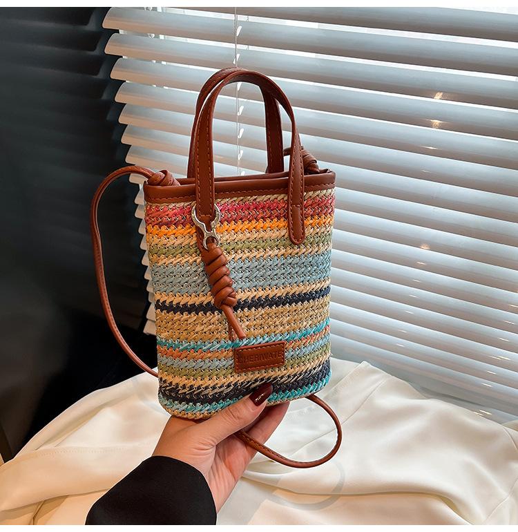 

Rainbow woven portable small bag women s 2025 new summer foreign gas bucket mobile phone bag shoulder messenger bag