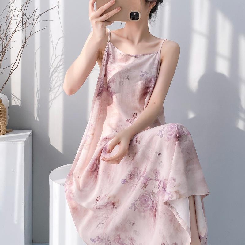 Suspender small fresh cotton and silk nightdress women's summer thin sleeveless lazy style loungewear high-end sense holiday dress