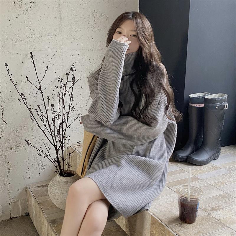 Winter Dress Turtleneck Batwing Long Sleeves Ribbed Warm Sweater Dress Ladies Autumn Winter Knitted Midi Dress