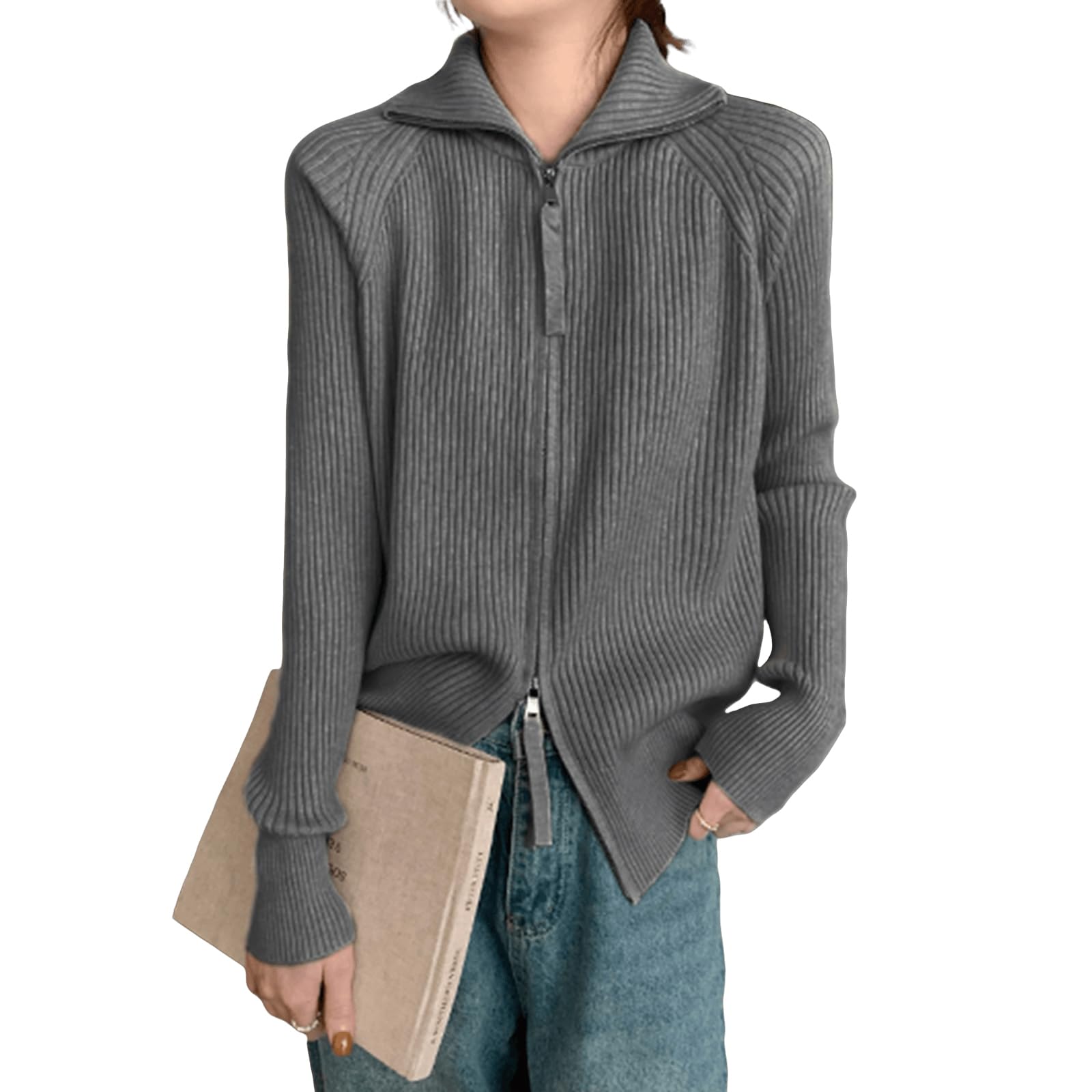 

Ishihara liacceai Lipknit Double Front High Long Loose Stylish Cut and Perfect for Fall and Winter Women s Sweater, Zipper, Opening, Neck, Cardigan, сірий колір