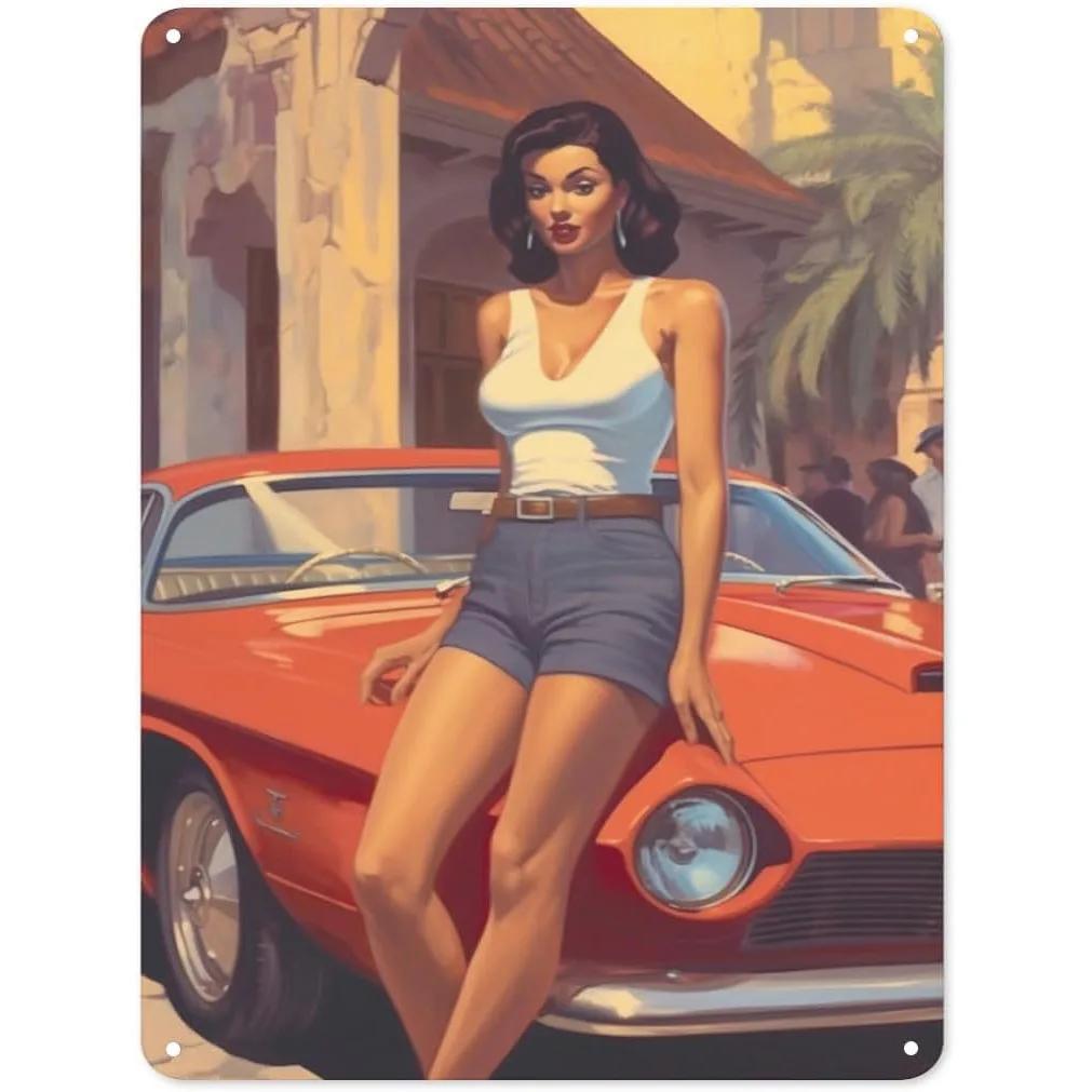 Metall Blechschilder Pinup Auto Mädchen Wanddekoration Plakette Vintage Kunst Poster Eisenmalerei für Man Cave Zuhause Café Garage Club Bar