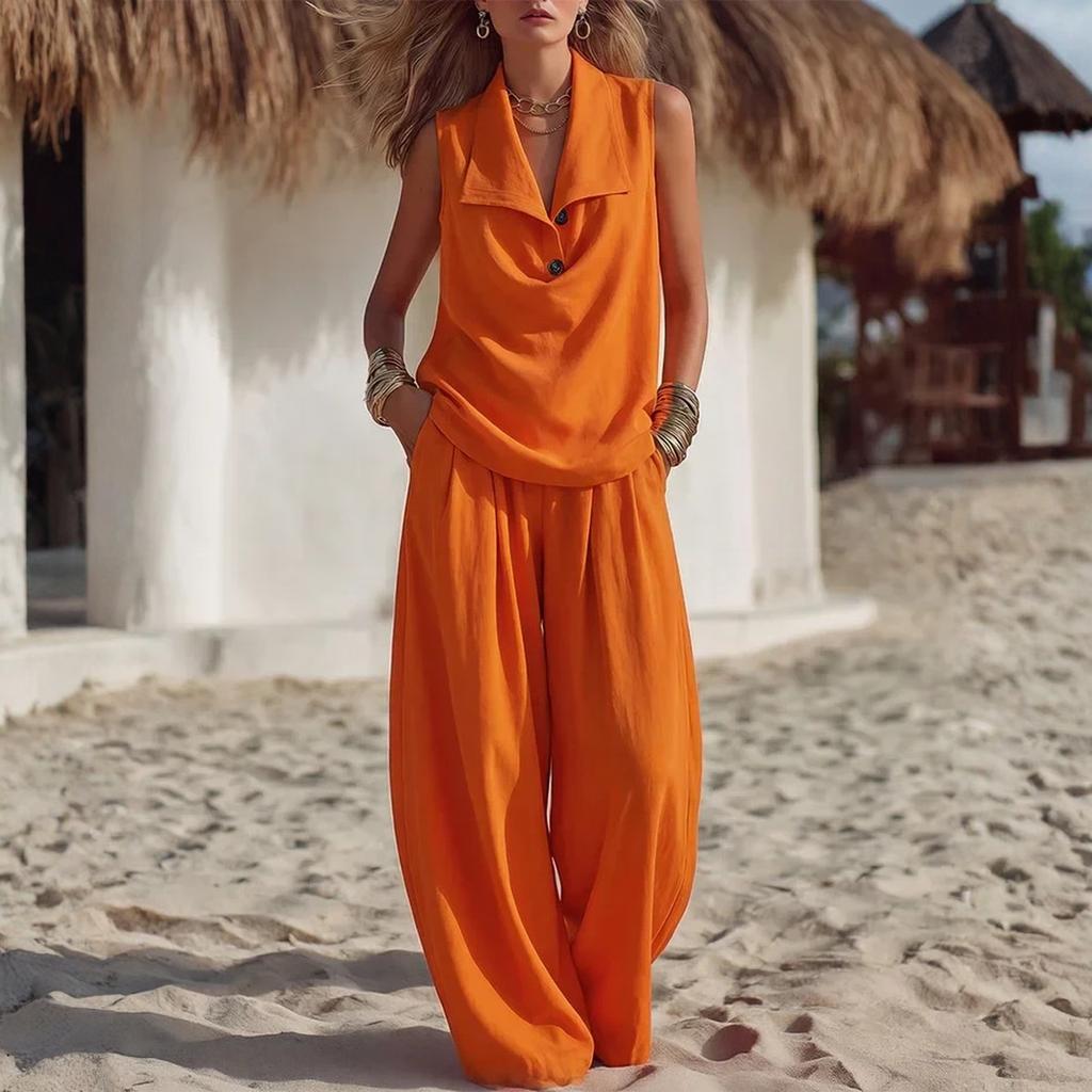Women's Two Piece Set Sleeveless Collar Top and Wide Leg Pants Casual Loose Fit Outfit Suitable for Daily Wear and Relaxed Occasions