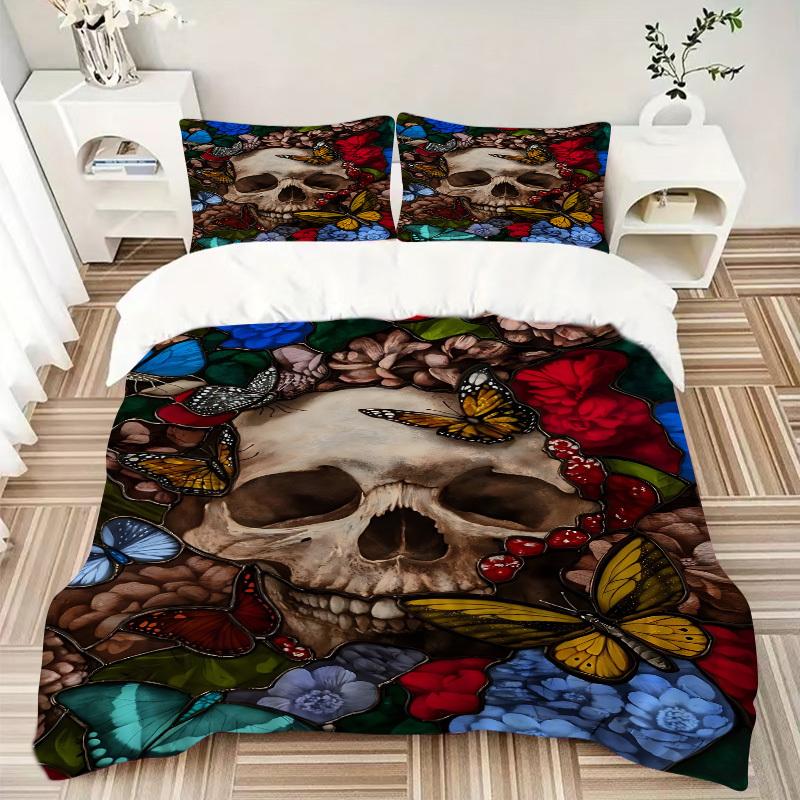 3pcs Skull, Butterfly Garden Duvet Cover Set - Machine Washable, Includes 1 Cover and 2 Pillowcases, No Core Included yy251013017