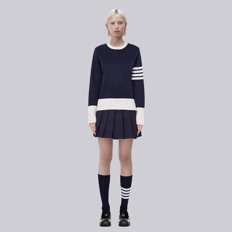 TB Knitted Sweater Women's New Autumn and Winter Same Style Couple's Color Collision Loose College Style Color Blocked Round Neck