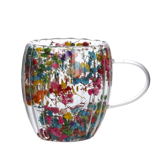 Double-Walled Glass Mug with Dried Flowers 250/350ml Heat Resistant Handle Coffee Cup for Hot Drinks Unique Artistic Glassware