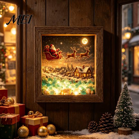 Wooden Landscape Ornament Christmas Snowy Night Light Picture Frame, Vintage Frame 3D Mini Lighted Shadow Box Lamp, Desktop Atmosphere Decor