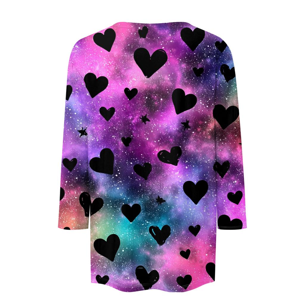 Damen Modisches Lässiges Dreiviertelarm Herzförmig Bedrucktes Rundhals-Top