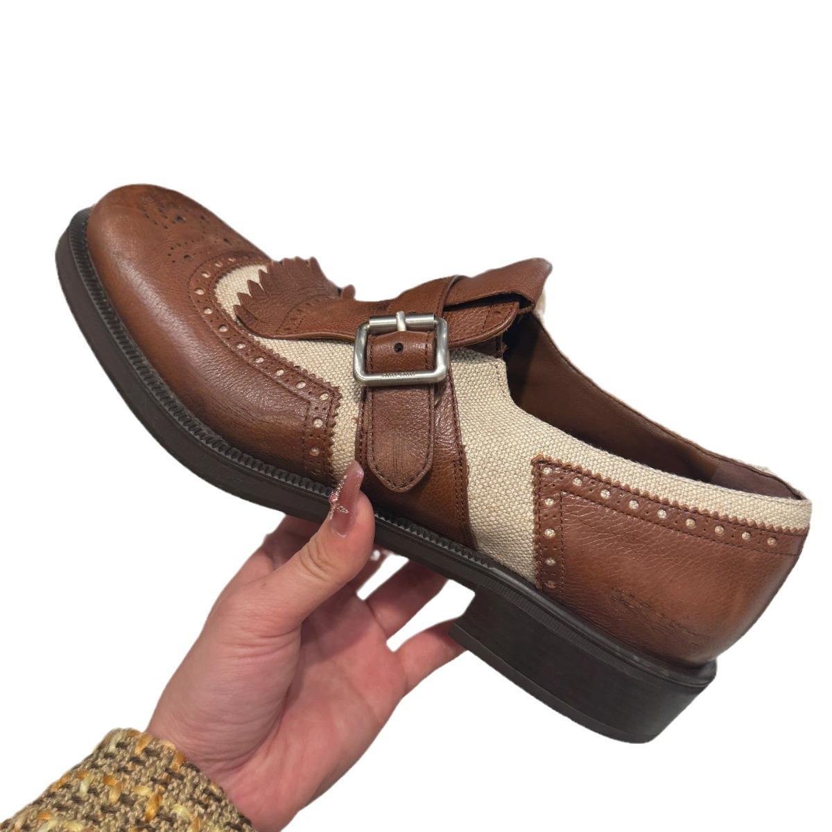 

Мокасины в британском стиле для женщин с пряжкой на ремне, круглым носком, вышивкой и бахромой, на платформе, на низком каблуке, женские туфли смешанных цветов 38 коричневый