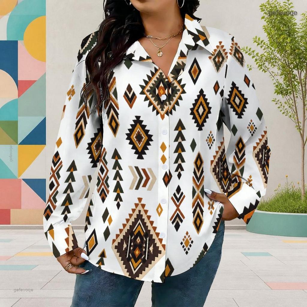 Women Plus Size Collared Long Sleeve Printed Red Floral Button Front Shirt Curved Hem