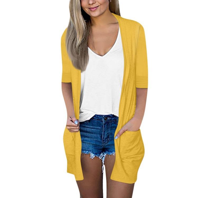 Dámský ležérní jednobarevný volný kardiganový top s kapsou a sedmiosminovým rukávem, módní sako