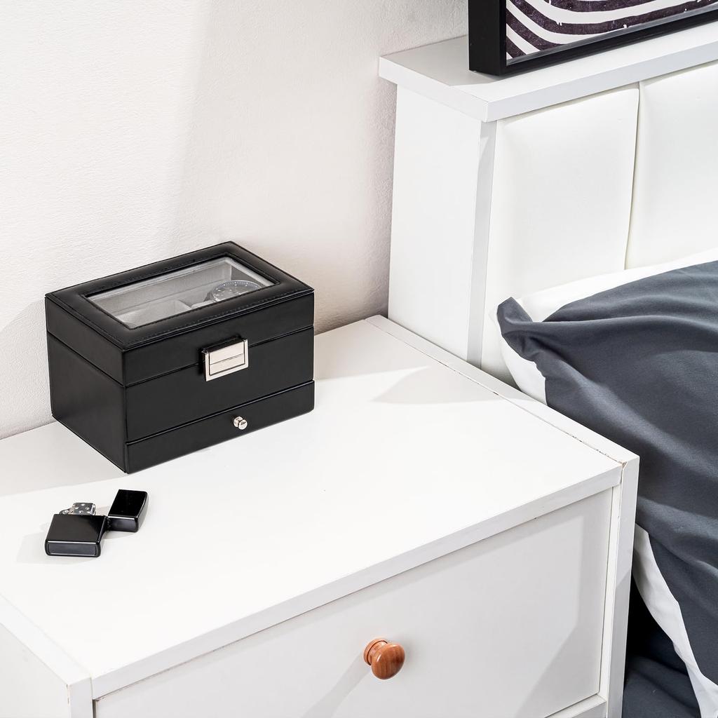 ProCase Men's Watch Box, 3-Slot Watch Display Case with Drawer, Men's Watch Case with Glass Lid, 2-Tier Jewelry Storage Holder Organizer