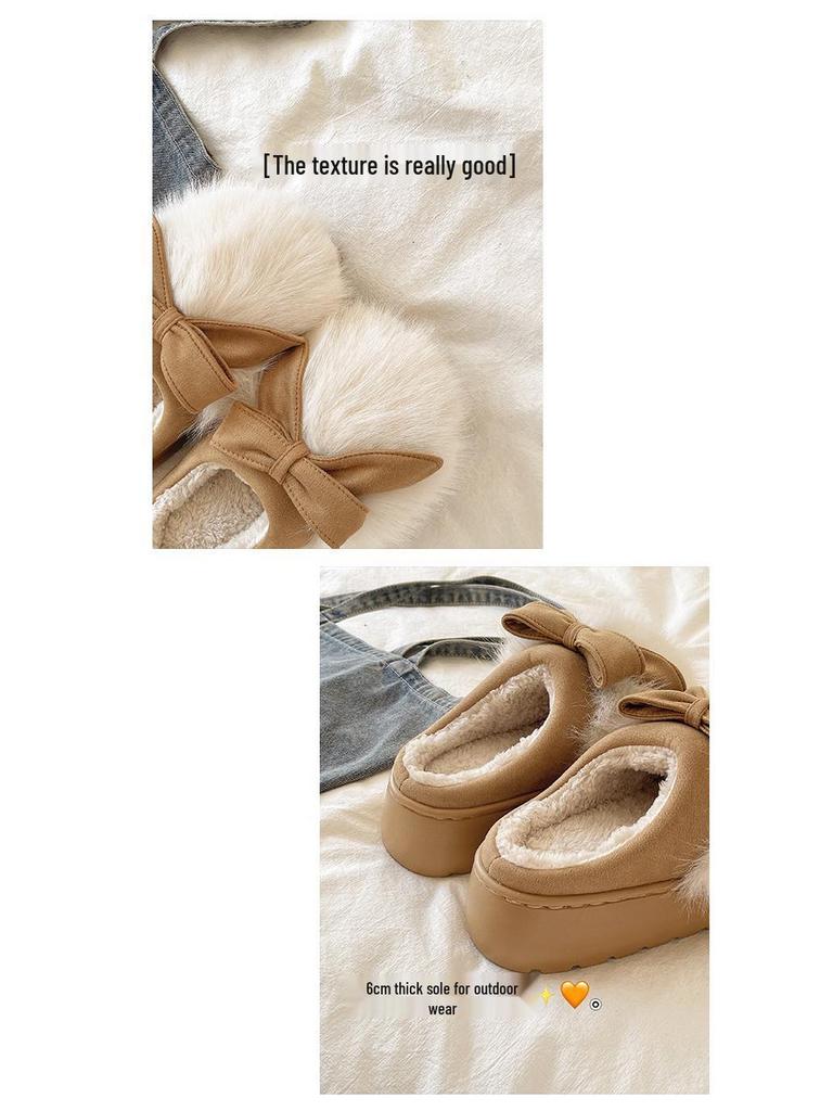 Women's Furry Bow Cotton Slippers: Thick-Soled, Velvet-Lined, Warm, Non-Slip for Autumn & Winter Indoors
