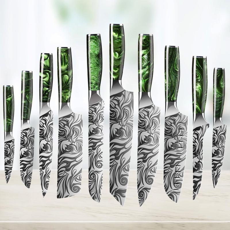 10PCS Kitchen Knives Japanese Santoku Damascus Laser 7CR17 440C Stainless Steel Utility Cleaver Slicing Chef Knife Kitchen Tool