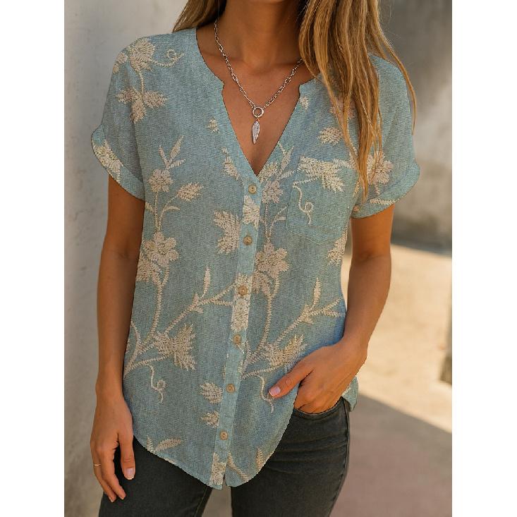 2026 New Casual Short-Sleeve V-Neck Cardigan Digital Print Women s Shirt Top S