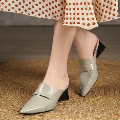 New Trendy High-heeled Half-slippers Comfortable Leather Bag Head Sandals Pointed Fashion Cowhide Women's Shoes