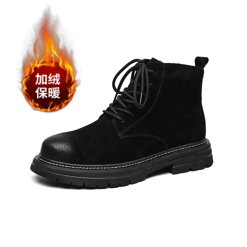 2024 Autumn and Winter Top Layer Cowhide High Top Boots Men's Boots English Style Short Boots Genuine Leather Plush Yellow Boots