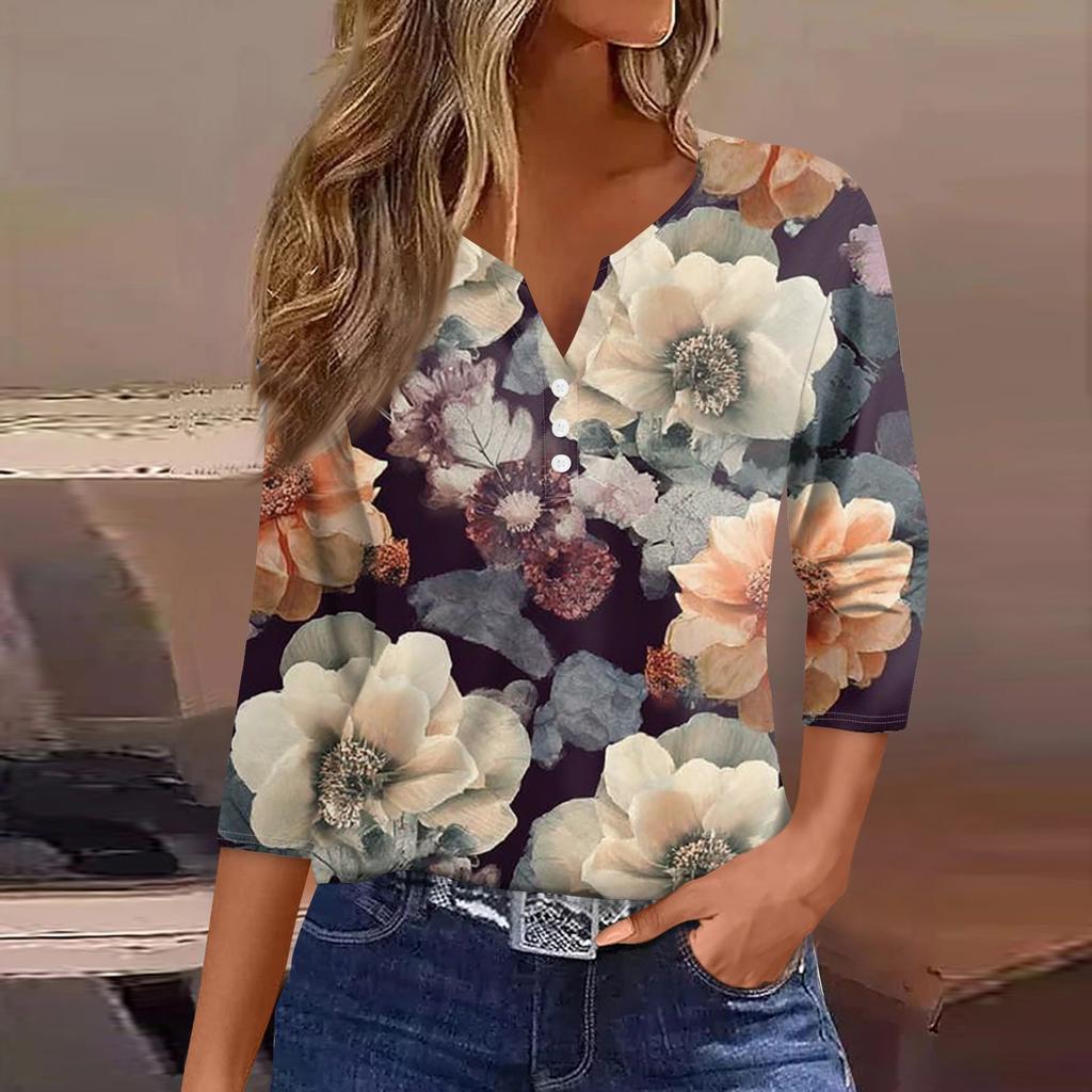 Damenmode Lässiges T-Shirt mit Blumendruck, V-Ausschnitt, dekorativen Knöpfen und Dreiviertelärmeln