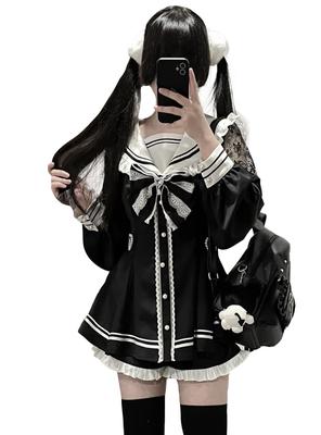 Lindo Vestido con Cuello de Marinero con Corazón Lazo Largo Extraíble Lolita Girly Estudiante Talla L [XHSUKADO] Espalda de Mujer, Mangas, Broche, Volantes, Encaje, Línea A,