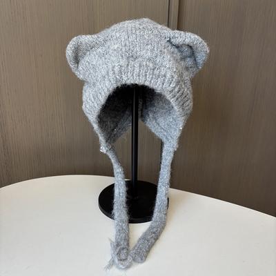 Sequined Bear Ears Cute Knitted Hat Winter Warm Ear Protection Wool Hat Cycling Cold Protection Thunder Hat