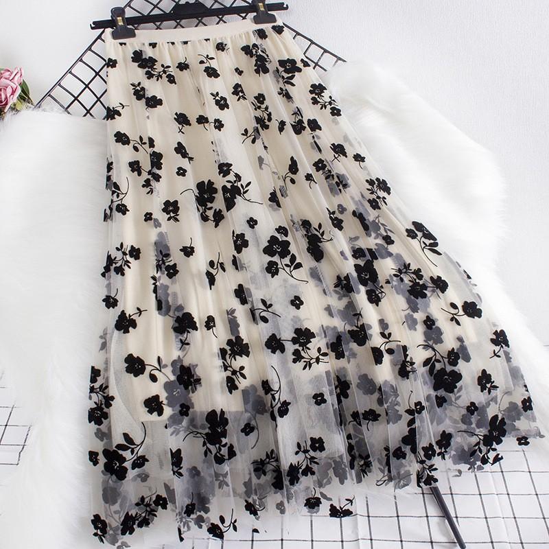 Spring Summer High Waist All-match Embroidery Mesh Skirt Temperament Mid-length Long Skirts for Women Slim