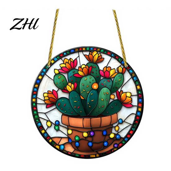 Acrylic Santa Claus Pendants Stained Glass Style Christmas Hanging Pendant, Plants Ornaments with Lanyard Double Sided Printed Xmas for Tree