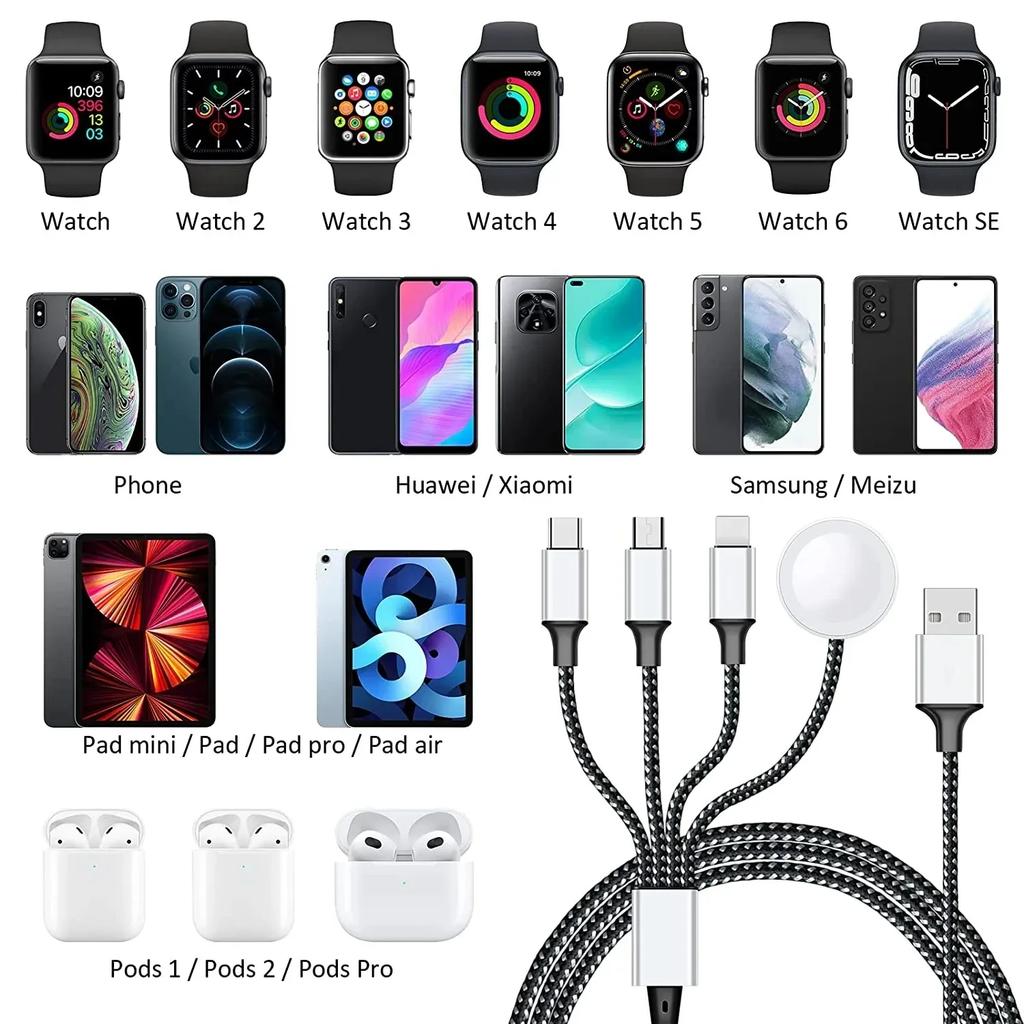 Cavo di Ricarica Multi Orologio 4 in 2 Per iPhone iWatch Caricabatterie Cavo di Ricarica Rapida Tipo-C USB Accessori di Alta Qualità per iPad Airpods